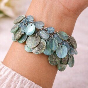 Vintage Stretch Bracelet With Iridescent Shell Discs & Aqua Beads